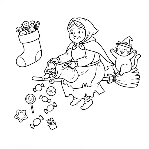 Witch Coloring Page — Flying on a Broom Delivering Sweets