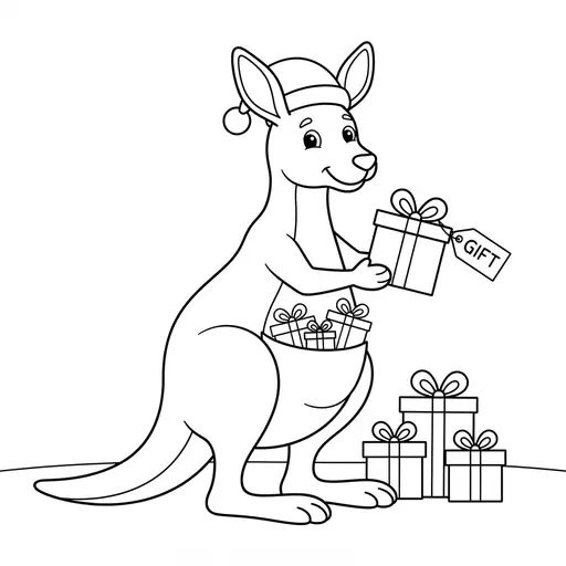 Kangaroo Coloring Page — Wearing Santa Hat with Gifts