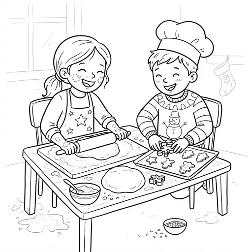 Baking Coloring Page — Making Holiday Cookies in Kitchen