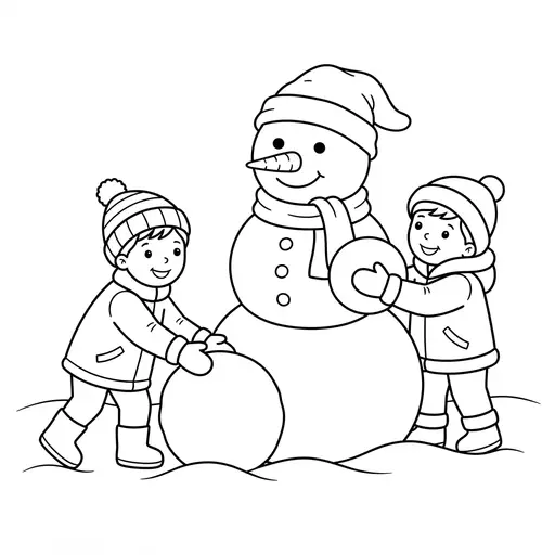 Easy Snowman Coloring Page — Building Together in Winter Snow