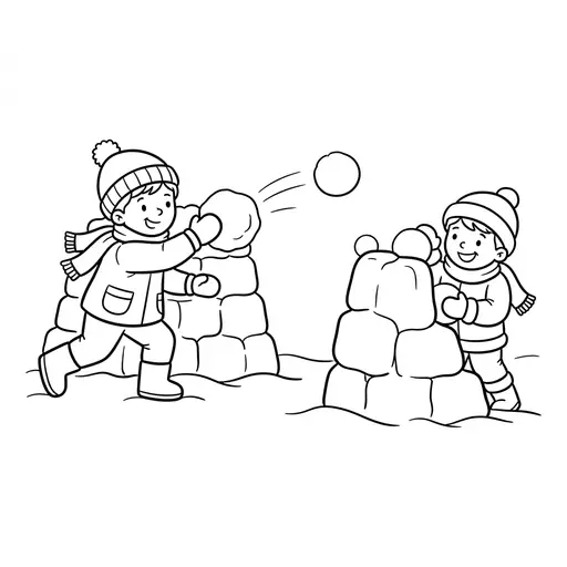 Snowball Fight Coloring Page — Behind Blocky Snow Forts