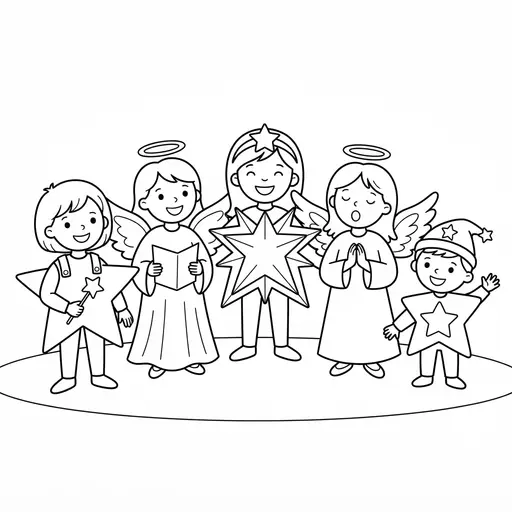 School Play Coloring Page — Dressed as Stars and Angels
