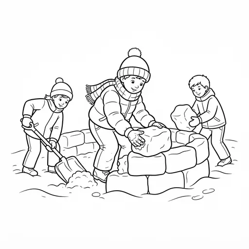 Snow Fort Coloring Page — Building With Large Snow Blocks