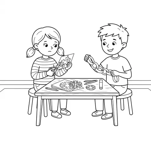 Paper Craft Coloring Page — Making Snowflakes and Paper Chains