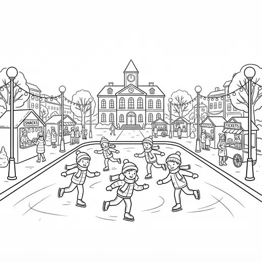 Ice Skating Coloring Page for Adults — In a Busy Town Square With Lights