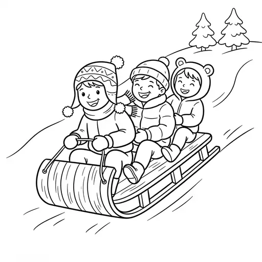 Sled Coloring Page — Riding Together on a Wooden Toboggan