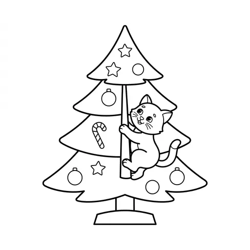 Easy Kitten Coloring Page — Climbing a Decorated Christmas Tree