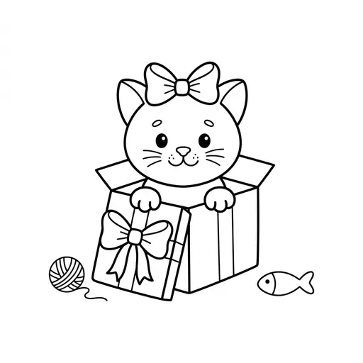 Easy Kitten Coloring Page — Sitting Inside a Gift Box