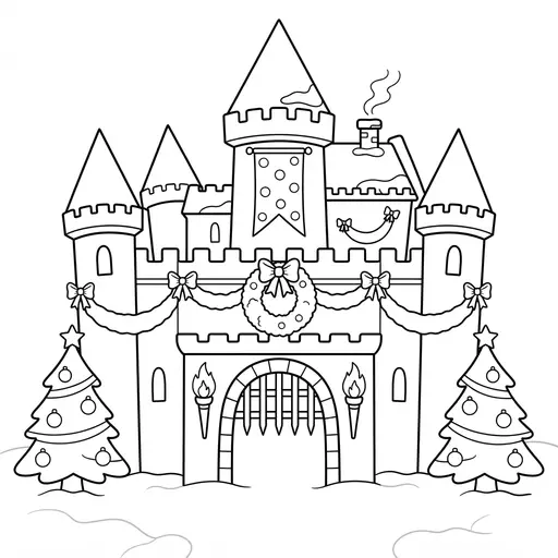 Castle Coloring Page — Decorated for the Holidays