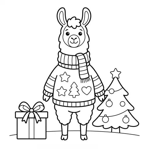 Easy Llama Coloring Page — Wearing a Christmas Sweater and Scarf