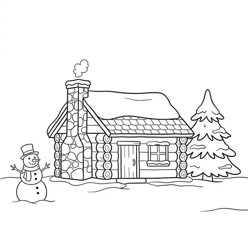 Easy Log Cabin Coloring Page — In the Snowy Woods