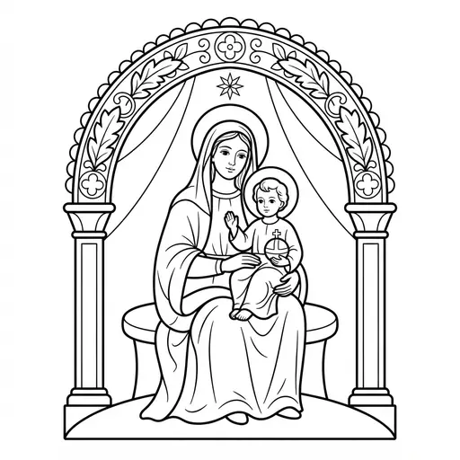 Nativity Coloring Page for Adults — In a Decorative Arched Frame