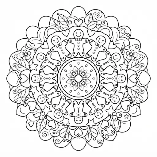 Gingerbread Man Coloring Page for Adults — Holding Hands in a Holiday Ring