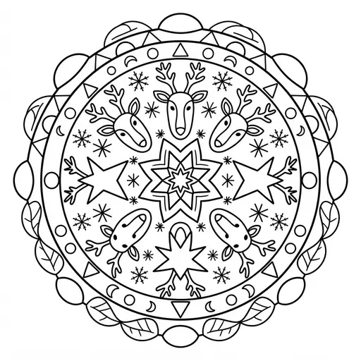 Reindeer Coloring Page for Adults — Heads and Stars in a Circle