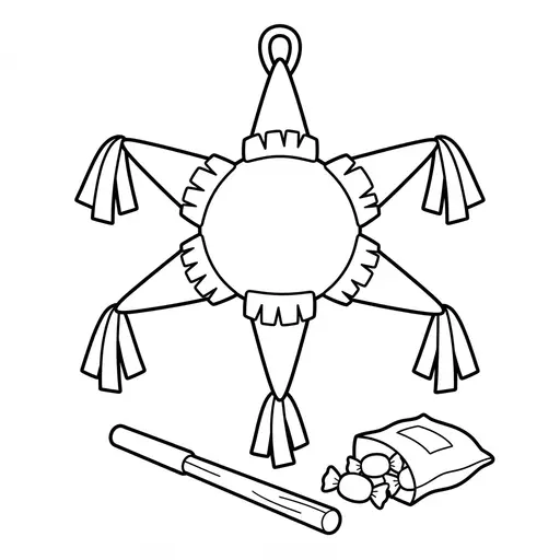 Piata Coloring Page — Star Shaped with Candy and Stick