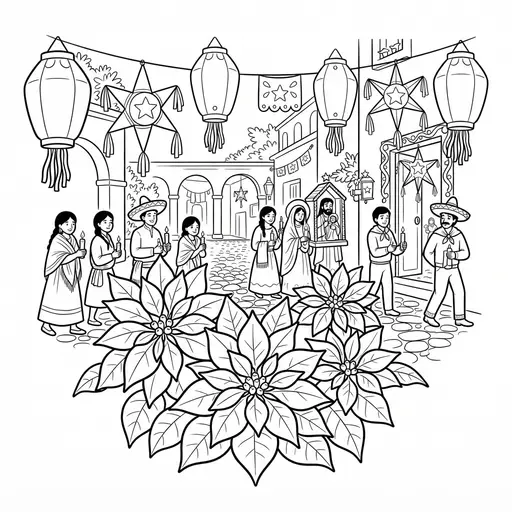 Nativity Scene Coloring Page for Adults — Procession with Candles and Poinsettias
