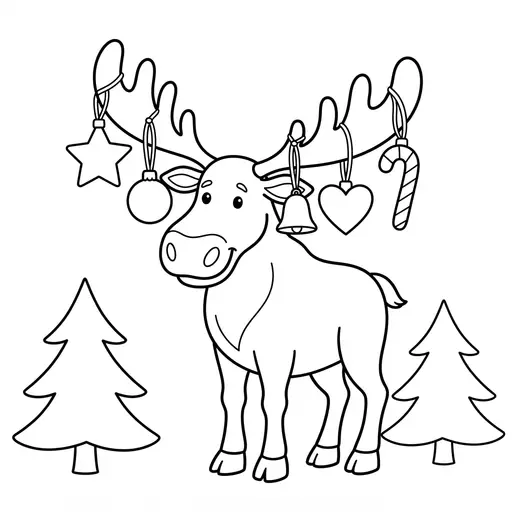 Moose Coloring Page — With Ornaments on Antlers