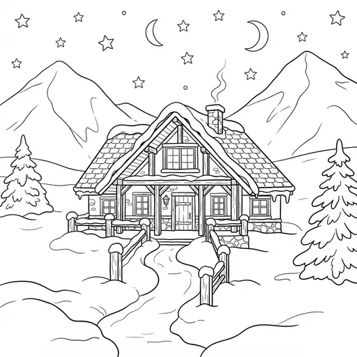 Chalet Coloring Page for Adults — In Deep Snow Under Starry Skies