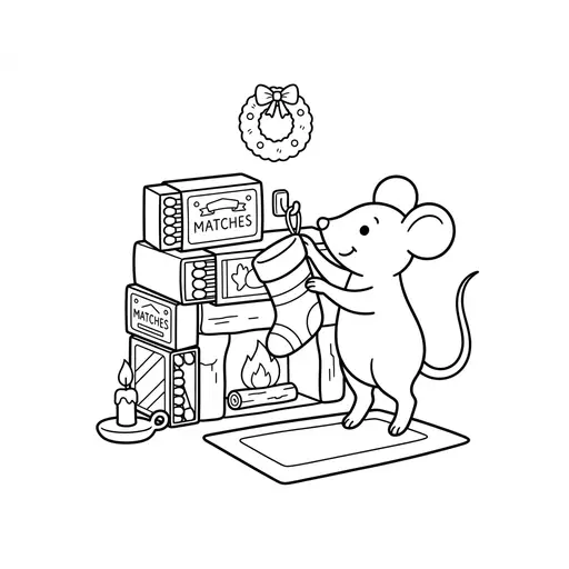 Mouse Coloring Page — Hanging a Stocking on Matchbox Fireplace