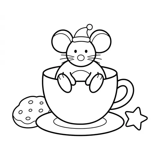 Easy Mouse Coloring Page — In a Teacup With Santa Hat