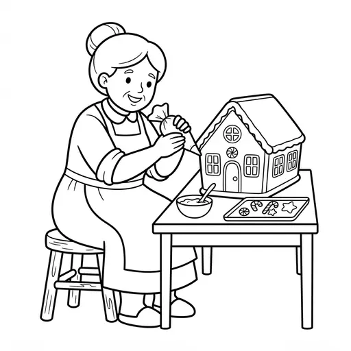 Mrs Claus Coloring Page — Decorating a Gingerbread House