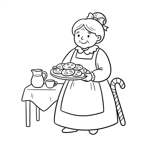 Easy Mrs Claus Coloring Page — Holding a Plate of Cookies