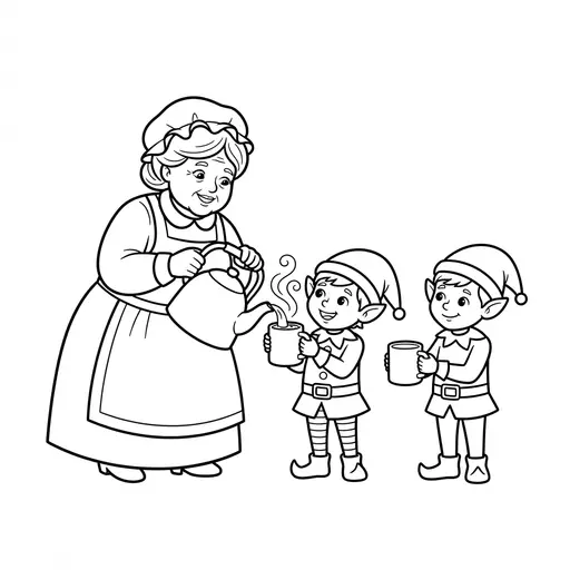 Mrs Claus Coloring Page — Pouring Hot Cocoa for Elves