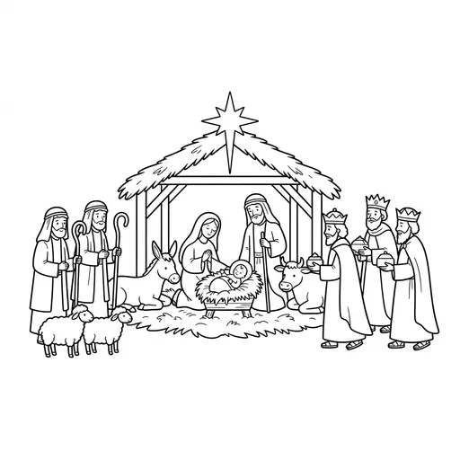 Nativity Scene Coloring Page for Adults — With Holy Family and Shepherds