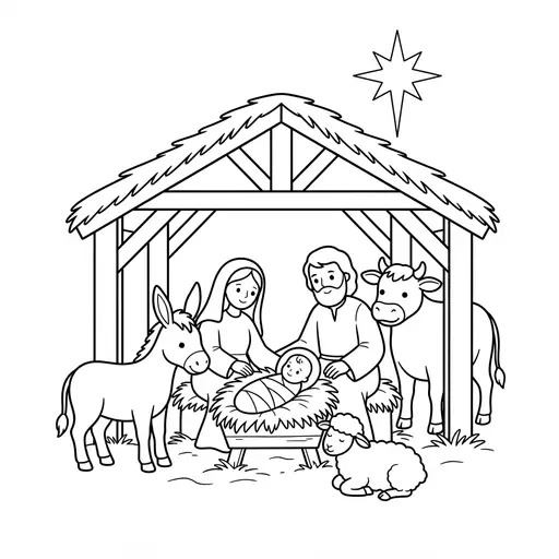 Nativity Coloring Page — Stable With Animals Around The Manger