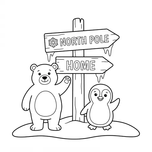 Easy Signpost Coloring Page — Stuck in the Snow With Animals