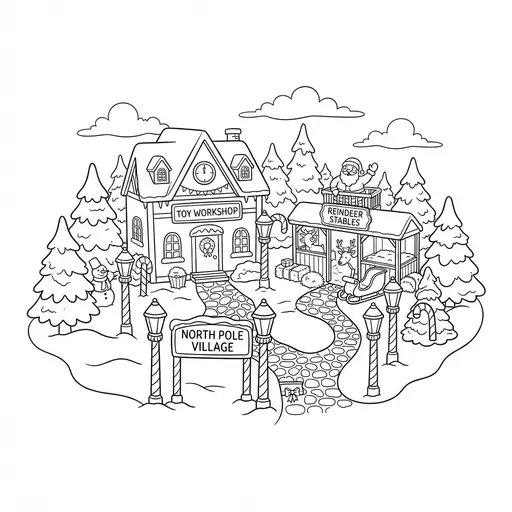 North Pole Coloring Page for Adults — Toy Workshop and Stables