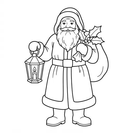 Santa Coloring Page for Adults — Holding a Lantern and Holly Sack