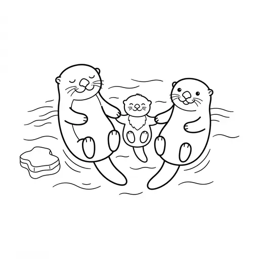 Otter Coloring Page — Family Floating Together in Water