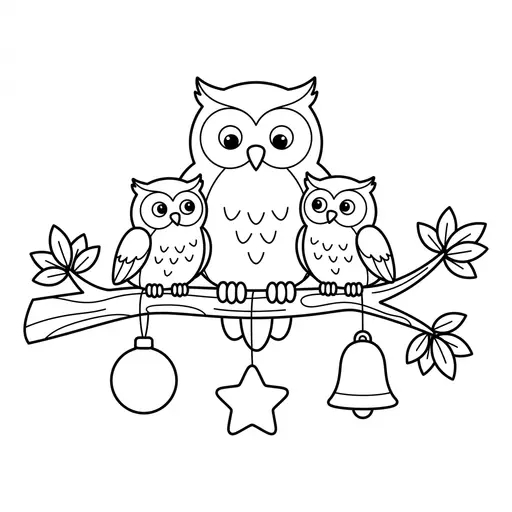 Owl Coloring Page — Family on a Branch With Ornaments