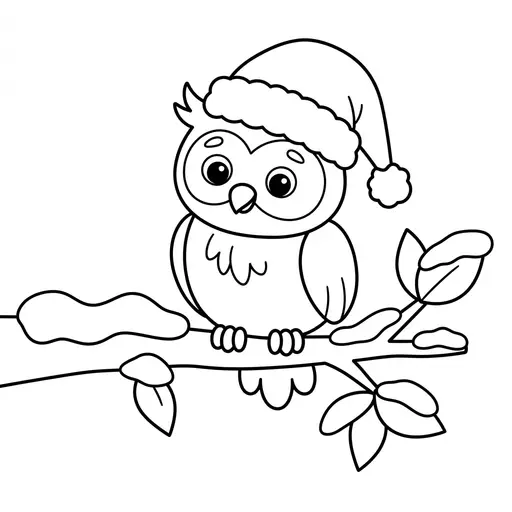 Easy Owl Coloring Page — Wearing a Santa Hat on a Snowy Branch