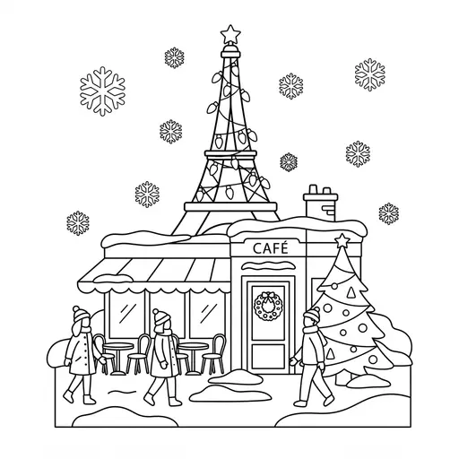 Eiffel Tower Coloring Page for Adults — Surrounded by a Snowy Paris Christmas Scene