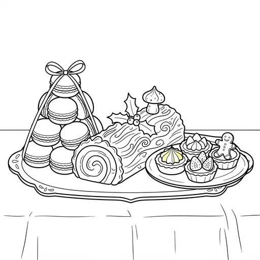 Christmas Dessert Coloring Page for Adults — Yule Log and Macaron Tower on a Platter