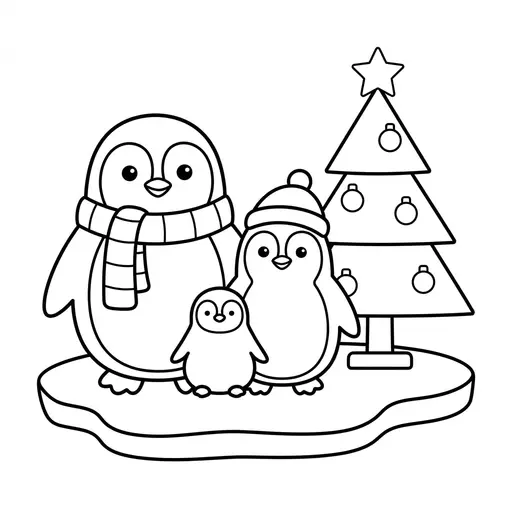 Easy Penguin Coloring Page — Family by a Christmas Tree on the Ice