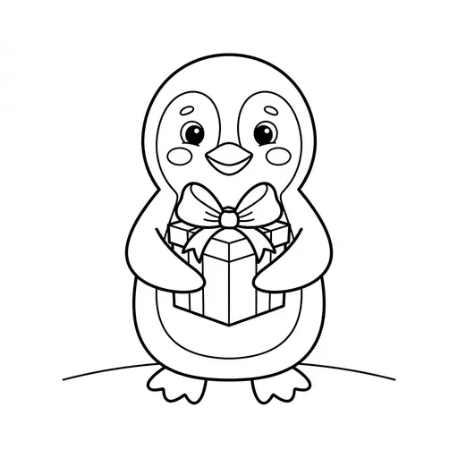 Easy Penguin Coloring Page — Holding a Wrapped Present on Snow
