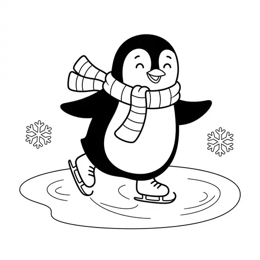 Easy Penguin Coloring Page — Ice Skating in a Striped Scarf