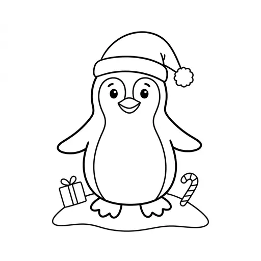 Easy Penguin Coloring Page — Wearing a Santa Hat with a Candy Cane