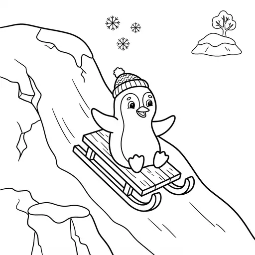 Penguin Coloring Page — Sledding Down a Snowy Hill