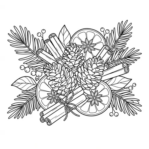 Pine Cone Coloring Page for Adults — Arrangement With Cinnamon Sticks And Orange Slices