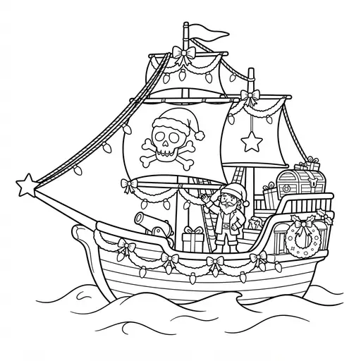 Pirate Ship Coloring Page — Decorated For Christmas