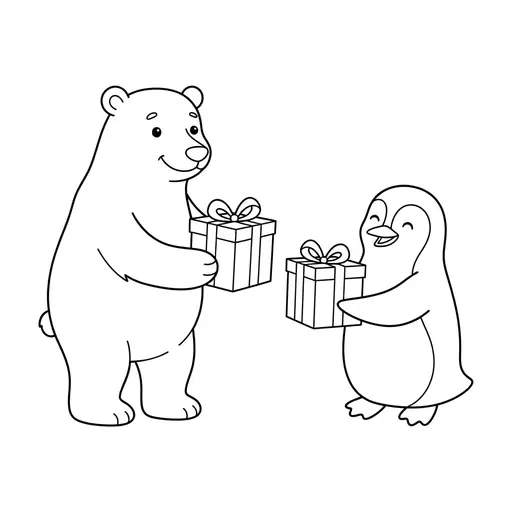 Polar Bear Coloring Page — Exchanging Gifts with a Penguin