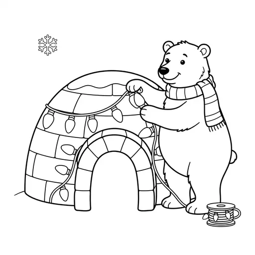 Polar Bear Coloring Page — Decorating an Igloo with Lights