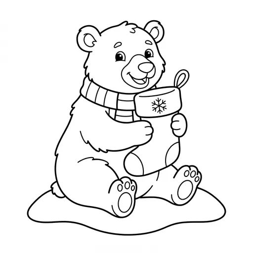 Easy Polar Bear Coloring Page — Holding a Holiday Stocking