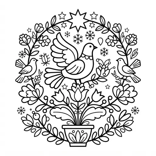 Folk Art Bird Coloring Page for Adults — Wycinanki Design with Flowers