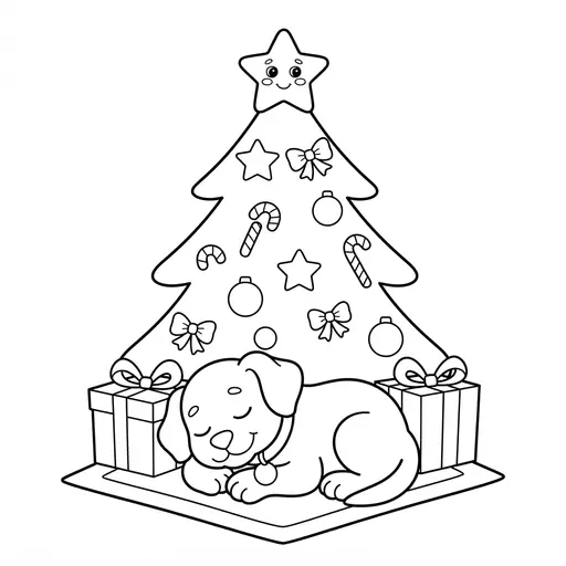 Easy Dog Coloring Page — Sleeping Under Christmas Tree