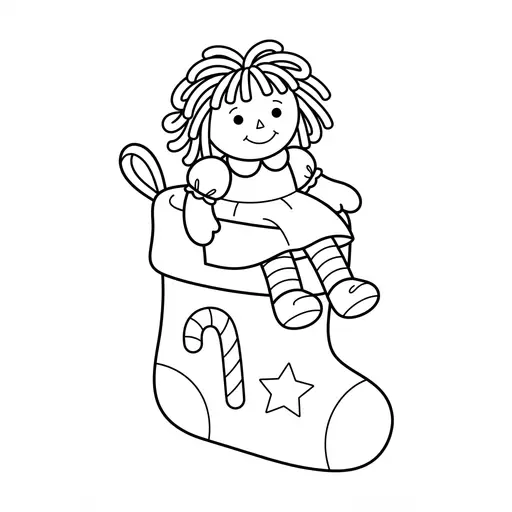 Easy Rag Doll Coloring Page — Sitting in a Stocking